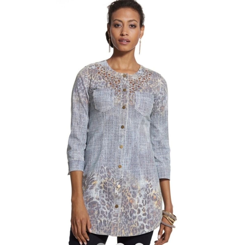 Chico's Faux Denim Duster Jacket Blue Size M